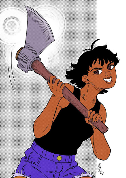 The image features a comic-style illustration of a female character. She has short dark hair and is smiling with a confident look. The character is wearing a black top and blue pants with frayed detailing on the sides. She’s holding a large axe with a wooden handle in both hands, ready to strike. The background is gray with a dotted pattern.
