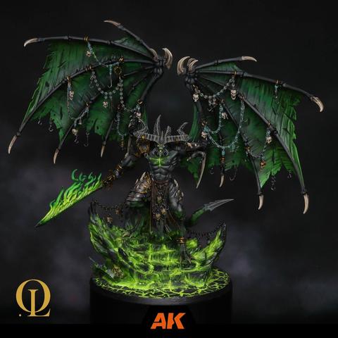 This image portrays a breathtakingly detailed miniature figure, a masterful blend of menace and artistry. The central character is a demonic, otherworldly entity radiating dark power and dominance. The demon's pose exudes power, with its muscular body tensed and ready for action. Its wide, tattered wings stretch outward in a commanding display, their ragged edges adding to the sense of age and battles fought. The horns arching from its head and jagged claws emphasize its brutal, predatory nature. The scene combines gothic fantasy and an aura of destruction, made even more striking by the craftsmanship of its paintwork and design.
