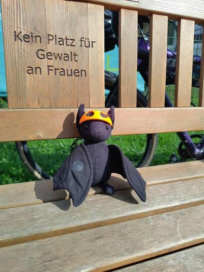 Ich, der süße ft1, sitze mit meinem schicken Fahrradhelm auf dem Kopf auf einer hölzernen Parkbank. Auf der Parkbank steht „Kein Platz für Gewalt an Frauen“.