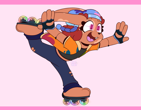 a brown bunny robot with tan speckles skates along with her glowing rainbow skate attachments, her eyes glow a soft magenta and trail along as she zooms forward. she's wearing an orange jacket with paint splotches, a black shirt, blue jeans with tears in the knees, and a black shirt. along with a blue hat with paint splotches, which have pompoms on them, gently flowing along.