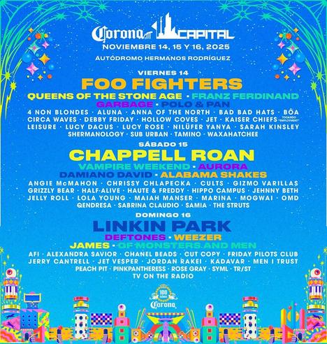 Un cartel anuncia el Corona Capital 2025 en el Autódromo Hermanos Rodríguez, del 14 al 16 de noviembre.  Se enumeran las bandas que se presentarán cada día: viernes 14 (Foo Fighters, Queens of the Stone Age, Franz Ferdinand, etc.), sábado 15 (Chappell Roan, Vampire Weekend, Alabama Shakes, etc.), y domingo 16 (Linkin Park, Deftones, Weezer, etc.). El cartel incluye el logotipo de Corona Capital y un diseño colorido y vibrante.