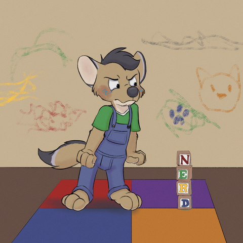 A wolf pup in overalls and a green t-shirt clenches his fists, face red and tears welling up over some slight. Wooden blocks beside him spell "NERD" and there are crayon scribbles on the wall behind him.