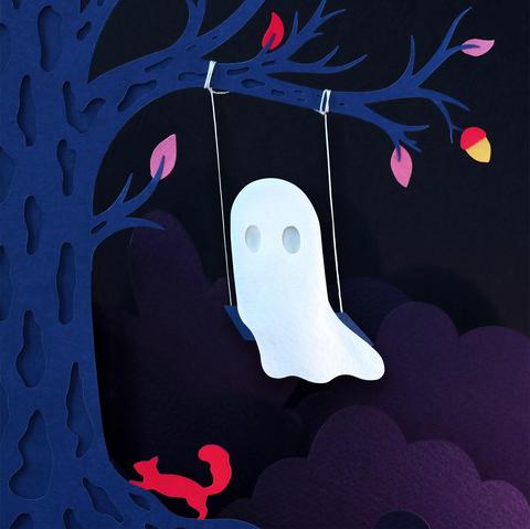 A paper craft illustration featuring a playful ghost swinging from a tree in a dark, whimsical scene, with vibrant leaves and a curious red squirrel nearby.