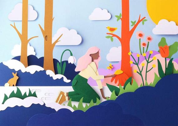 A paper craft illustration featuring a woman with long pink hair kneeling in a colorful garden, tending flowers with a butterfly nearby, amidst trees and clouds in spring.