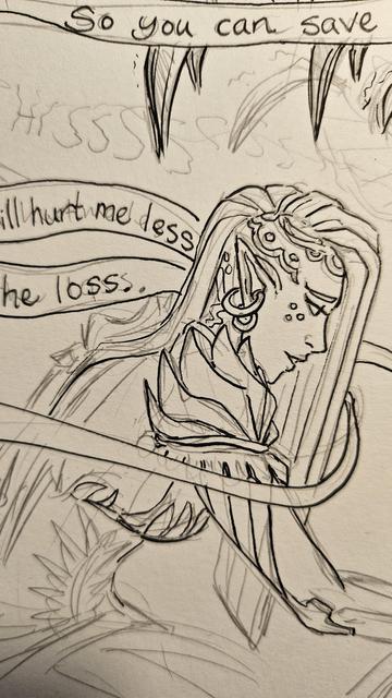 Part of a comic page being inked. It shows a space elf surrounded by floaty song lyrics