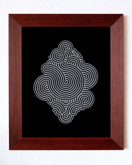 A picture of a frame containing a drawing of a truchet pattern made by a plotter, while line on black background