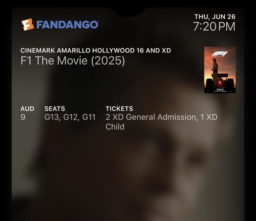 Screenshot of movie tickets to the F1 Movie in the Apple Wallet app purchased from Fandango.