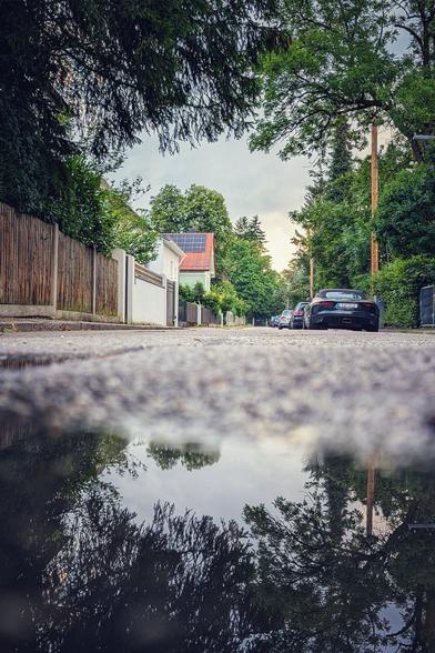 Das Bild zeigt eine ruhige Wohnstraße bei Tageslicht. Links verläuft ein Holzzaun entlang eines Gehwegs, hinter dem ein grünes Haus mit rotem Dach und Solarpanelen steht. Mehrere Autos sind am rechten Straßenrand geparkt, darunter ein schwarzer Wagen im Vordergrund. In der Mitte der Straße spiegelt eine große Pfütze die umliegenden Bäume, Autos und einen Teil des Himmels
