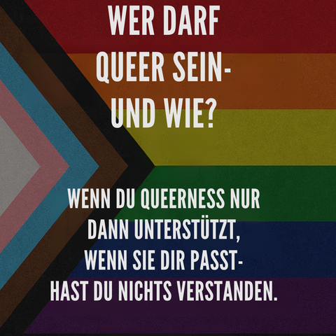 Schwarzer Hintergrund mit weißer, kräftiger Schrift: „WER DARF QUEER SEIN – UND WIE?“
Darunter in kleinerer Schrift: „Wenn du Queerness nur dann unterstützt, wenn sie dir passt – hast du nichts verstanden.“
Progress-Pride-Farben dezent im Hintergrund. Der Ton ist kämpferisch, der Stil rebellisch, die Aussage eindeutig: keine Kompromisse mehr mit Anpassungslogik.