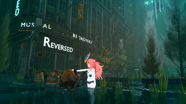 A picture of an American city overtaken by water and vegetation. In the middle of the picture, there is a deer that an avatar is petting.