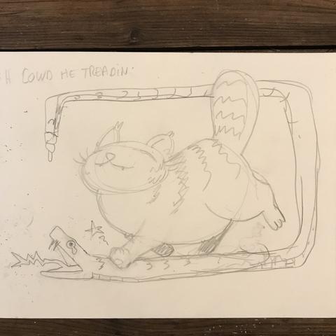 Croquis dans un carnet ; un gros chat rayé écrase un crotale