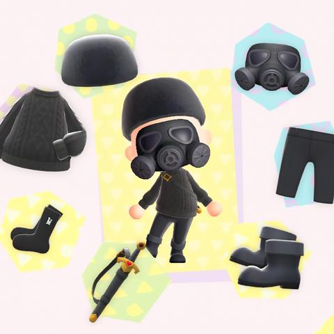 Animal Crossing: New Horizons screenshot. Image taken from the clothing changing screen. A bald, light skinned, human villager is shown in the middle with the following articles of clothing around them: black sweater, black socks, black boots, black sword in holster, black slacks, black faux-fur hat, and a black gas mask.