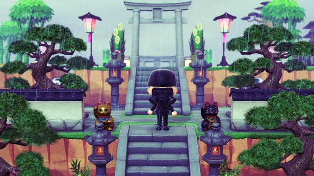 Animal Crossing: New  Horizons screenshot. Set in the rain with the dramatic filter, the image shows a bald, light skinned, human villager on a staircase wearing a black sweater, black boots, black sword in holster, black slacks, black faux-fur hat, and a black gas mask. The character is standing with on either side of them pine trees, stone lanterns, lucky cat statues. In the background is a stone Torri gate.