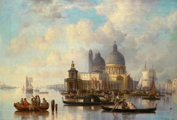 Gondolas glide across the calm waters in a serene Venetian scene, with the grandeur of Santa Maria della Salute in the background under a vast sky.