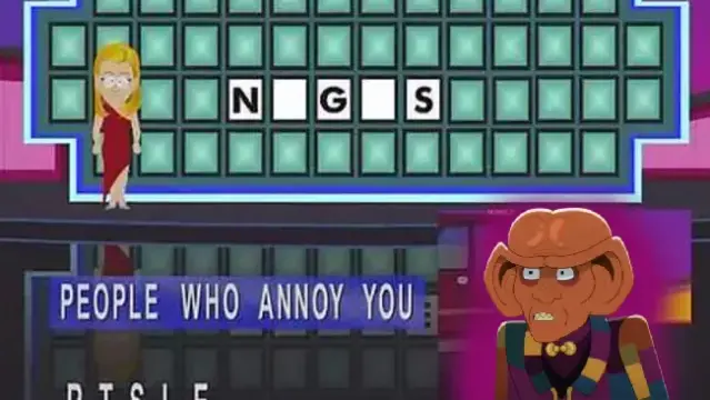 Quark from Star Trek DS9 stares anxiously at the letterboard on the Wheel of Fortune as everyone awaits his answer.