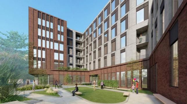 Rendering of six-story apartment building