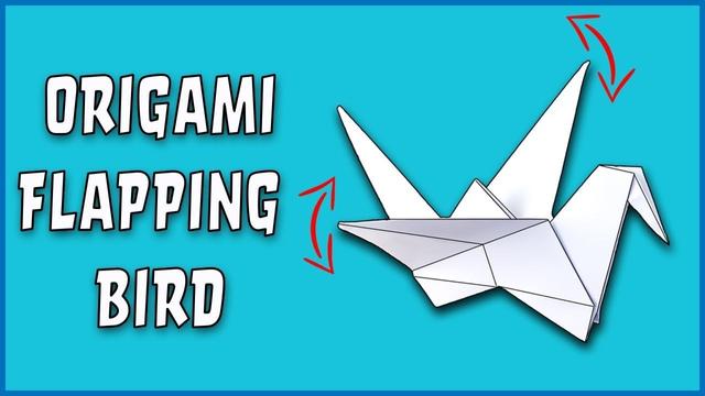 White origami bird with folded wings positioned against a turquoise background with red arrows indicating wing movement and "ORIGAMI FLAPPING BIRD" text.