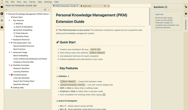 jupyterlab interface customized with the jupyterlab-pkm extension, showing solarized colour scheme and default notes.