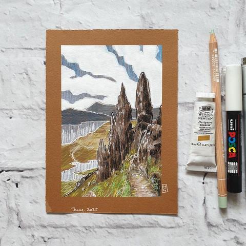 A small artwork of the mountainous rock formation known as The Storr situated on the Isle of Skye in the Highlands of Scotland. Created by an ancient landslip, the rock face and pinnacles were formed millions of years ago, when the weather is clear, the iconic landmark can be seen from miles around.
An original art work
Colour pencil and mixed media on acid free toned artist paper
5 by 7 inches (12.7 by 17.8 cm).
Sold unframed