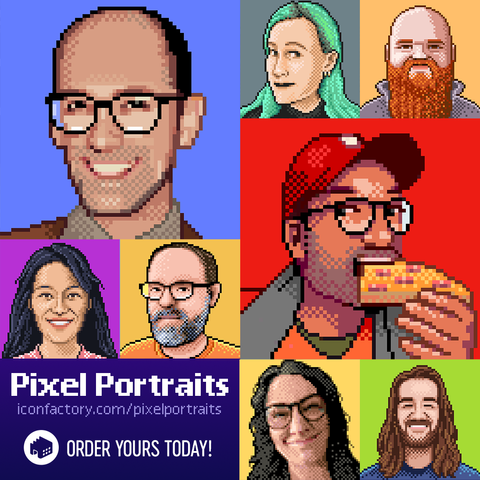 A mosaic of portraits rendered in the retro pixel style of various men and women with brightly colored backgrounds. Pixel Portraits - Order yours today - iconfactory.com/pixelportraits
