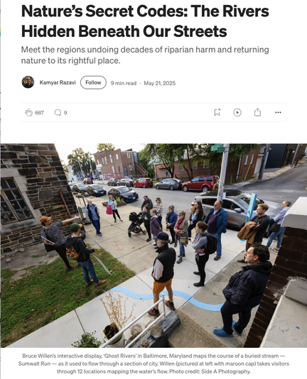 Screenshot of a story by Kamyar Razavi with title “Nature’s Secret Codes: The Rivers Hidden Beneath Our Streets” and a photo of people gathered on a sidewalk that features a cutout in the shape of a river, watching a guide explaining the exhibit