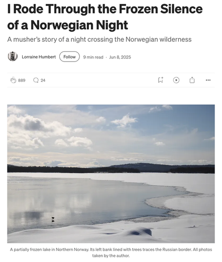 Screenshot of a story by Lorraine Humbert with title “I Rode Through the Frozen Silence of a Norwegian Night” and a photo of a partially frozen lake