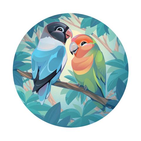 A pair of lovebirds sat on a branch among leafy foliage with an evening sun in the background. The bird on the left is from the back looking to the side and has blue feathers with a black face and pink beak. The bird on the right is facing forward and is green with a red face and pale beak.