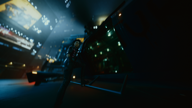 Wide shot of a woman from below, stepping on a helicopter looking above the camera with bright building lights in the background. She is wearing crop top, jacket, black jeans and black boots