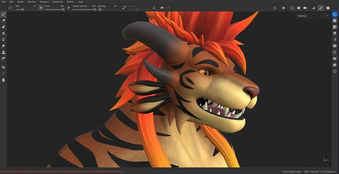 Screenshot of the Substance 3D Painter viewport, showing a male charr with light brown fur and black tiger stripes. He has orange eyes and a long mane with colors that go from deep red to bright orange.
