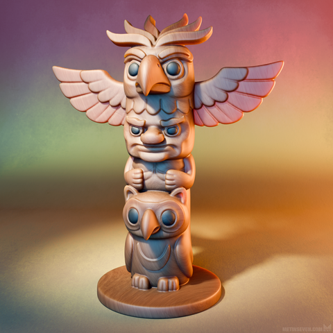 Blender 3D rendering, showing a stylized, wooden, multi-head tiki totem pole against a colorful background.