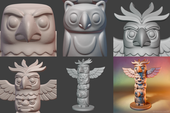 A compilation of work in progress stages of a stylized, wooden, multi-head 3D tiki totem pole.
