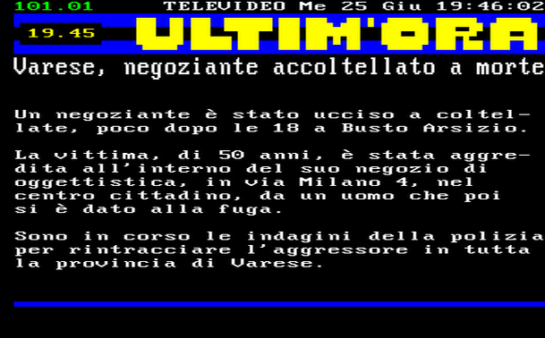 19.45 
Un negoziante è stato ucciso a coltellate, poco dopo le 18 a Busto Arsizio. 
La vittima, di 50 anni, è stata aggredita all'interno del suo negozio di oggettistica, in via Milano 4, nel centro cittadino, da un uomo che poi si è dato alla fuga. 
Sono in corso le indagini della polizia per rintracciare l'aggressore in tutta la provincia di Varese.