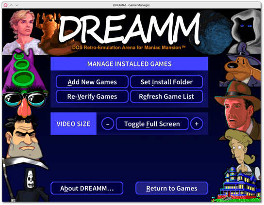 🕶️ A view of its UI, with several drawings of the LucasArts games it supports all around the interface, and the installed game management menu with its settings in the center.

📚️ DREAMM is a free, mature emulator for LucasArts games, which runs the code of the original SPUTM game engine in an x86 emulator, enabling the highest fidelity of execution. It not only lets you play older games using the SCUMM engine (Maniac Mansion, Monkey Island, Indiana Jones, ...), but also the first 3D games (such as Grim Fandango, Escape from Monkey Island, Star Wars Dark Forces 1, the X-Wing series, Rebel Assault series and Indiana Jones series) from the mid-90s, and others (Afterlife, Outlaws, ...). The interface is ergonomic, simple and attractive. Excellent!