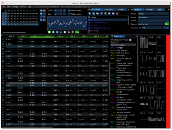 🕶️ A modular (it can be rearranged) and modern UI view with channel codes, several oscilloscope-like graphics, an instrument area.

📚️ Furnace is a libre, multi-platform, multi-system chiptune tracker, compatible with DefleMask modules. It is the largest multi-system chiptune tracker ever made, emulating already more than 50 sound chips. It features sound chip mixing (over 200 ready-to-use presets from computers, game consoles and arcade terminals, and the ability to create your own), DefleMask compatibility, VGM export, modular (adaptable) layout, audio file export, quality emulation cores (Nuked, MAME, SameBoy, Mednafen, ...), a wavetable synthesizer, and MIDI input support. Beautiful & mature!