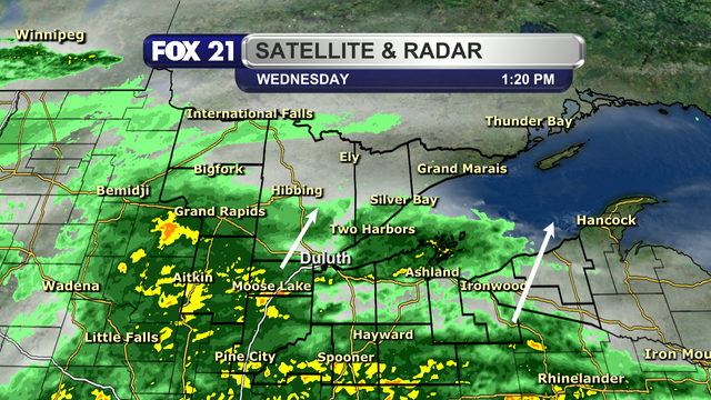 The satellite and radar over the Northland at 1:20 p.m. on Wednesday, June 25, 2025, shows a wide swath of showers, with a possible few rumbles of thunder, covering the southern two-thirds of the region.  Those who are not seeing the rain are in the Rainy River Basin and Boundary Waters regions.  The rain is moving to the north/northeast.