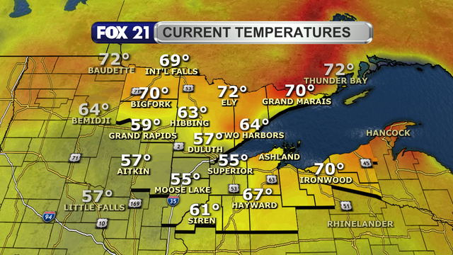 Temperatures in the Northland just after 1 p.m. on June 25, 2025, range from 55 to 72 degrees Fahrenheit.  The coolest readings are in the locations where rain has been falling for the past several hours.