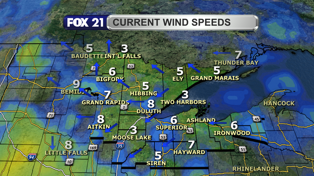 Wind speeds in the Northland just after 1 p.m. on June 25, 2025, range from 3 to 8 mph.  Wind direction is primarily from the east and south, including a breeze off Lake Superior.