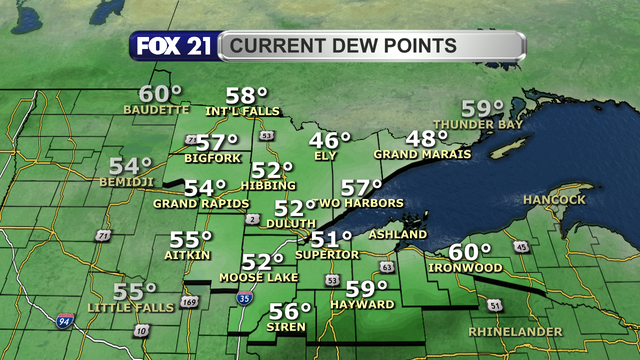 Dew point readings in the Northland just after 1 p.m. on June 25, 2025, range from 46 to 60 degrees Fahrenheit.