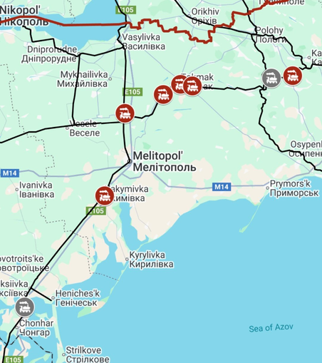 Map of the occupied Zaporizhzhia and Kherson oblast' of Ukraine with marked new railway lines and six total fires/crashed trains