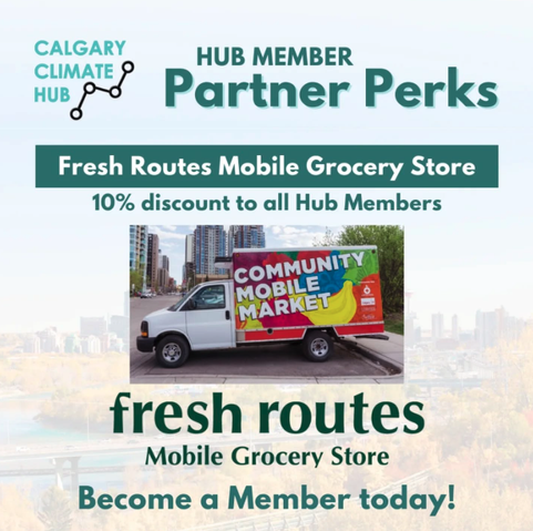 ALT TEXT: image of the Fresh Routes Mobile Grocery Store truck witht he title Hub Member Partner Perks - 10% discount to all Hub Members - become a member today"
