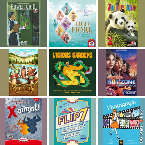 The board game box covers of Power Grid, Mille Fiori, Zooloretto, River Valley Glassworks, Vicious Gardens, Pandemic Hot Zone, X Nimmt, Flip 7 and Photograph.
