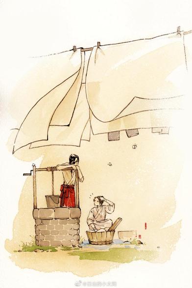 Art from the postcards in the TGCF English translation. Hua Cheng is leaning on a well and watching Xie Lian wash laundry in a basin. Above them, sheets on a clothesline flutter in the wind.