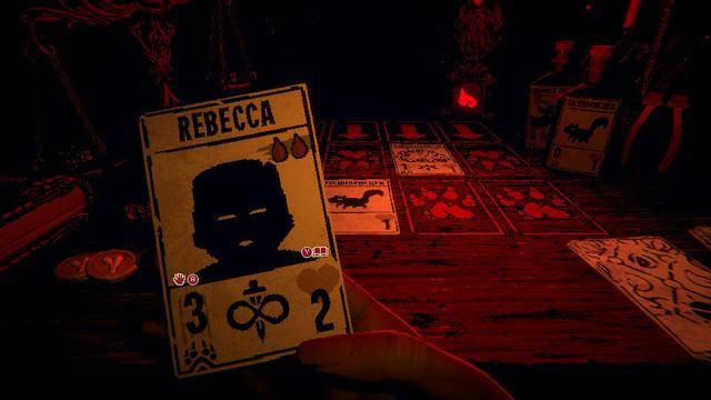 Screenshot from the Game Inscryption. A card called „Rebecca“ is hold up