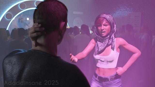 It's a gig, in the background there's a guy on stage with a guitar and a crowd looking at him.

In the foreground is a young woman, Geeta, wearing hip-hugging jeans, cut-off top showing a lot of skin, and hijab.

She's really pissed off; shouting and gesturing at the young man directly in front with his back to the camera. He's got his hand on the back of his neck as if he's feeling uncomfortable. (His name is Roach, he's her boyfriend but can be a real dickhead sometimes.)

Inspired by the first scene of the novel CAT PEOPLE - currently my work-in-progress.