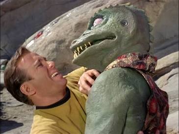 Close up of hand to hand combat between Gorn and Kirk