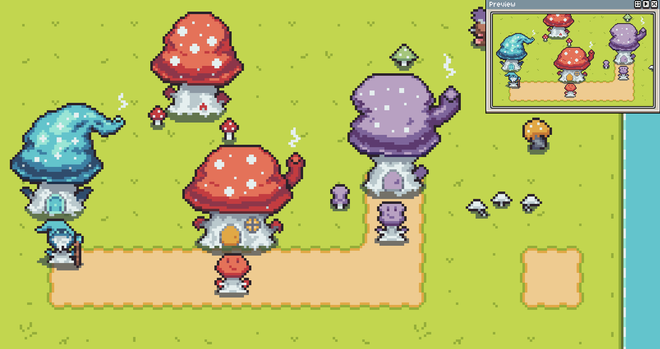 A pixel art scene with 3 mushroom houses in different colors and shapes, each one with a matching mushroom creature in front of it.