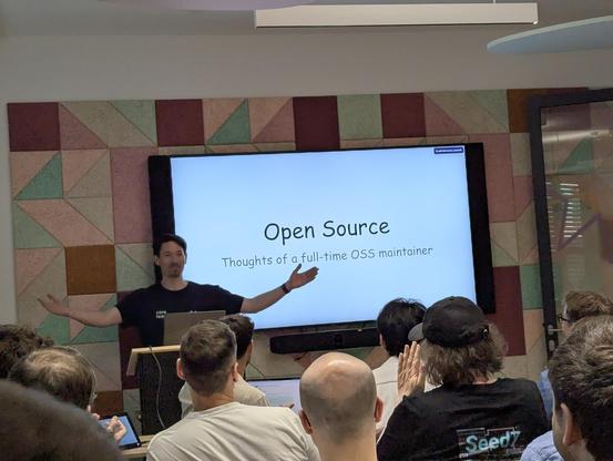 A picture of Michael presenting his slides and talk at the ViennaJS meetup.