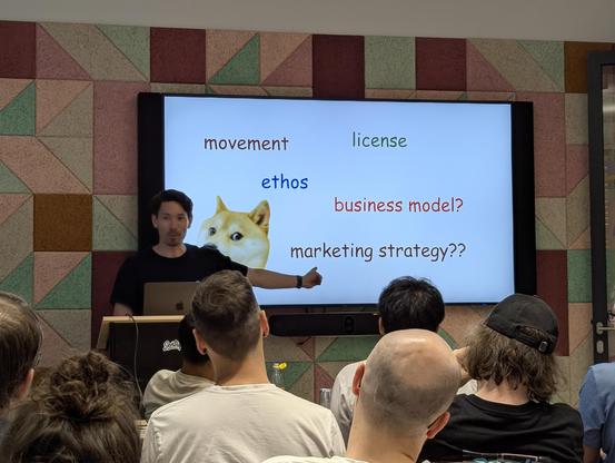 A picture of Michael presenting his slides and talk at the ViennaJS meetup.