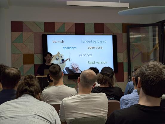 A picture of Michael presenting his slides and talk at the ViennaJS meetup.