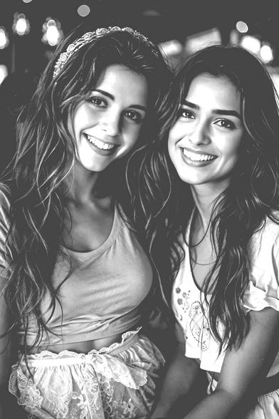 Two young women with long hair smiling together, wearing light-colored tops and lace accessories, posing happily indoors with a blurred festive background.